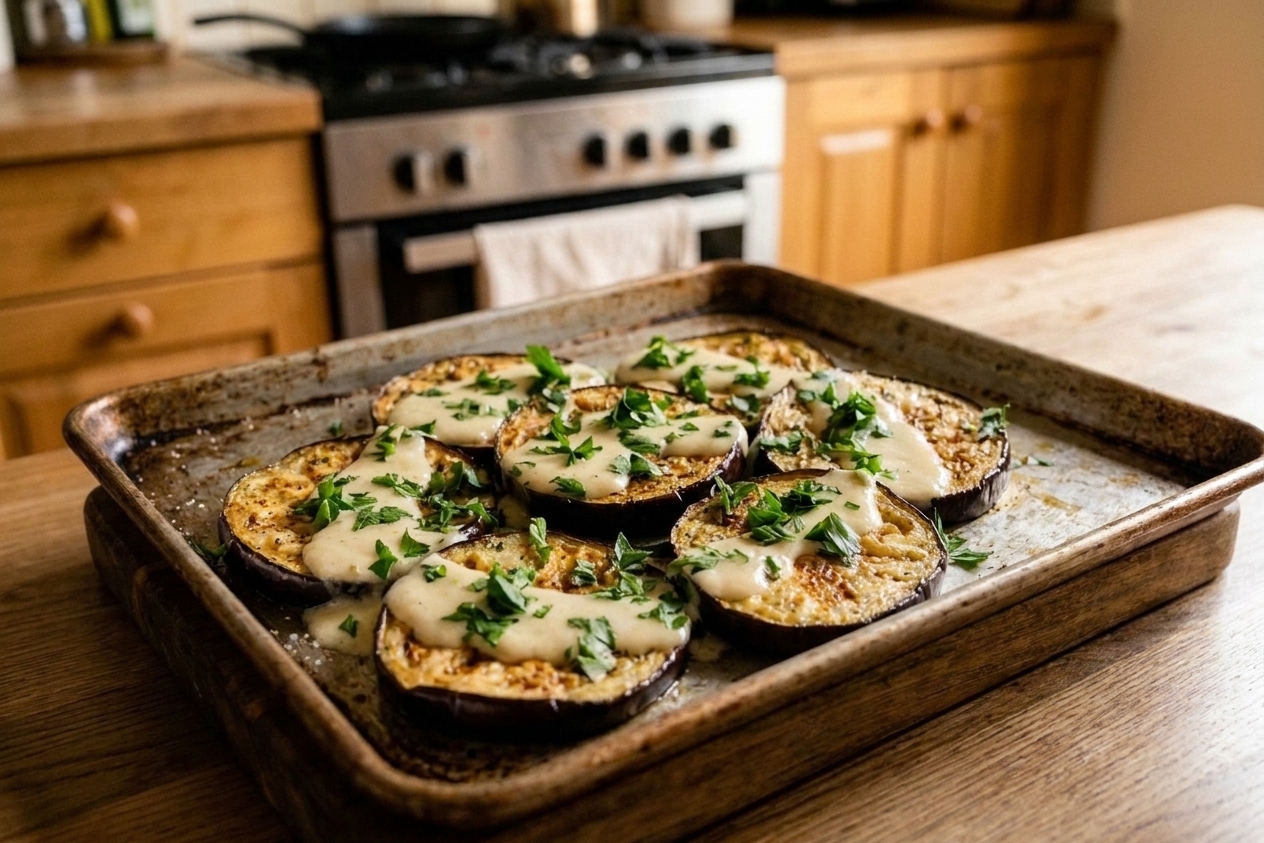 A rimmed sheet pan of roasted eggplant rounds with deep golden edges and glossy centers, finished with chopped parsley and a spoonful of lemony sauce on a warm kitchen counter