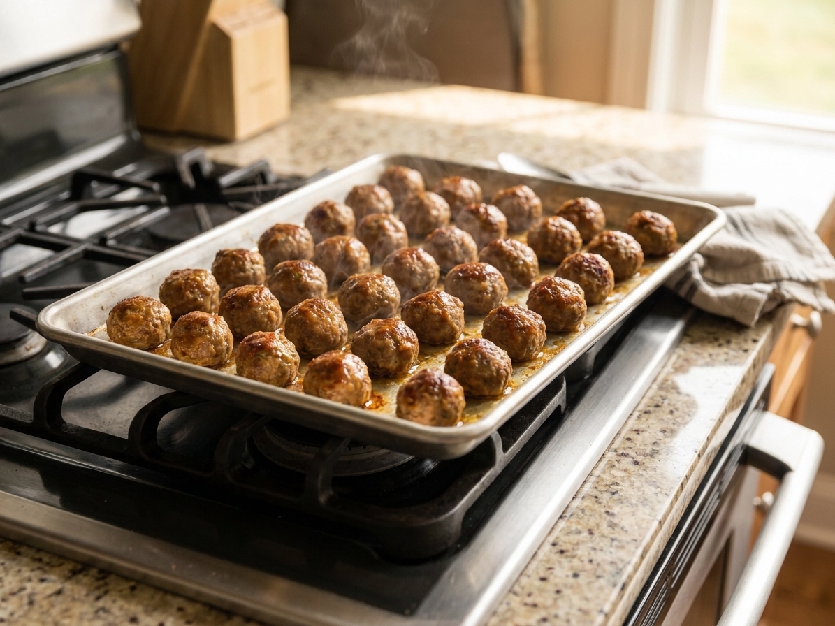 A rimmed sheet pan of small meatballs browned on top, pulled from the oven and set on a stovetop