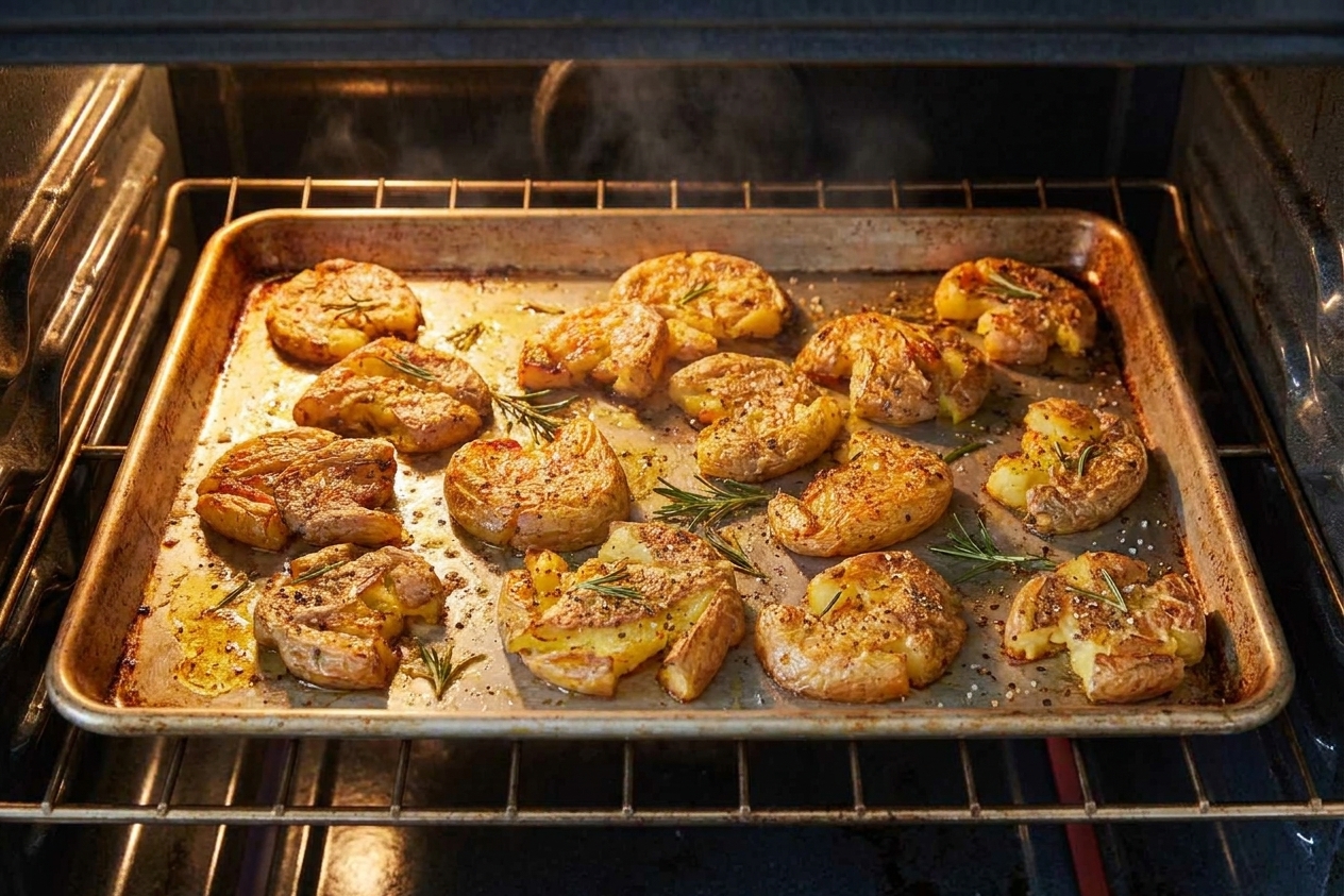 A rimmed sheet pan of smashed fingerling potatoes roasting in an oven, edges turning golden and crisp under warm oven light