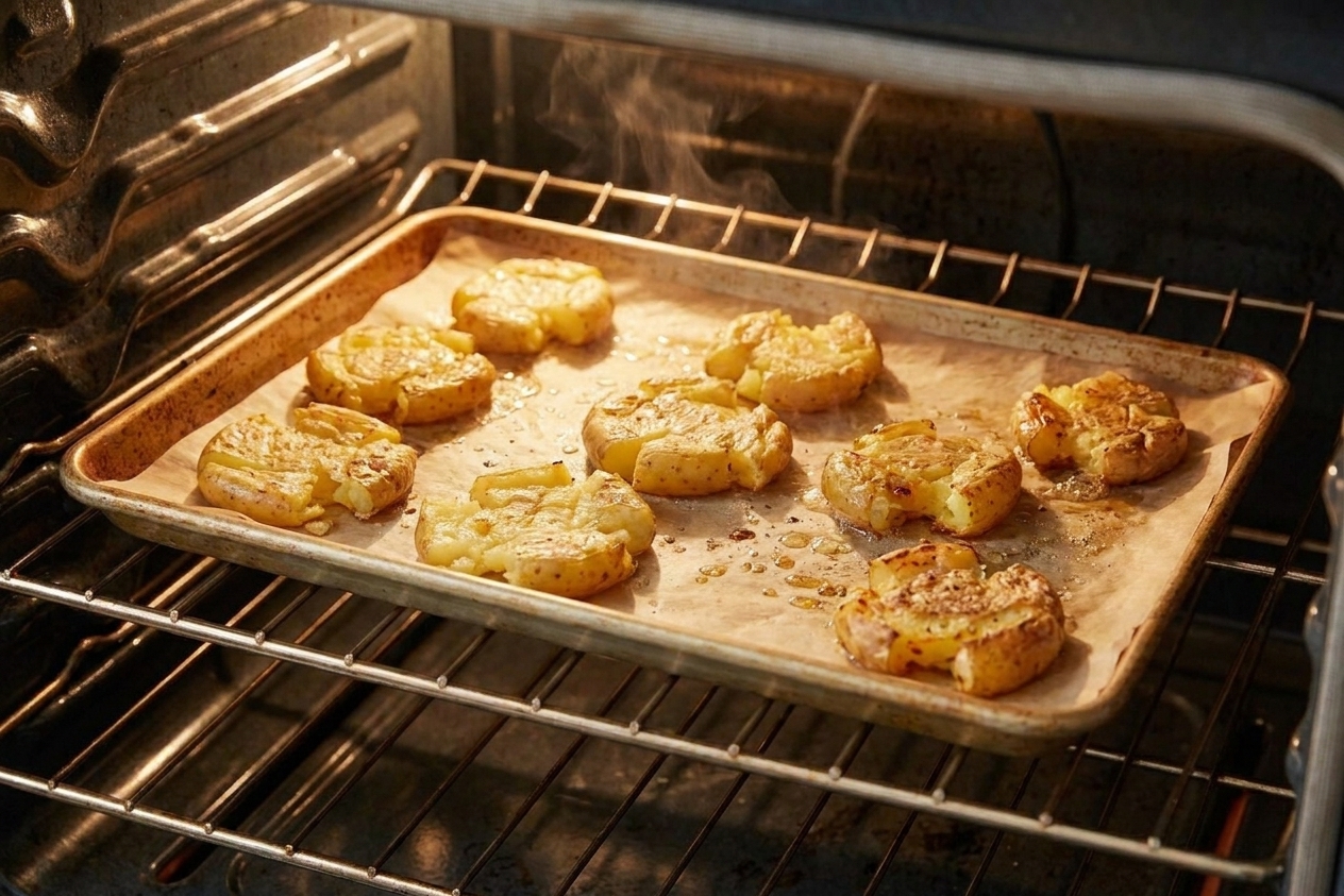 A rimmed sheet pan of smashed potatoes roasting on an oven rack with the potatoes turning golden at the edges