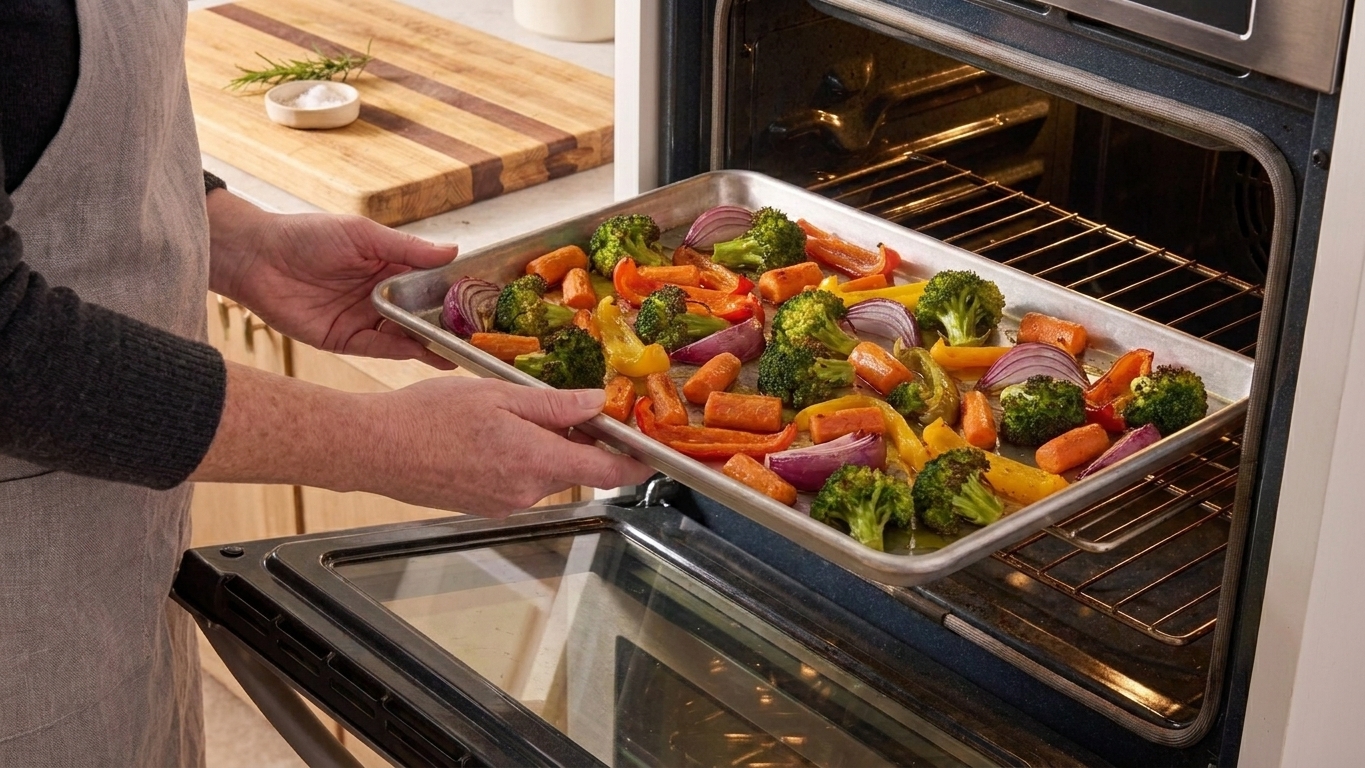 A rimmed sheet pan of vegetables being placed into a preheated oven in a home kitchen
