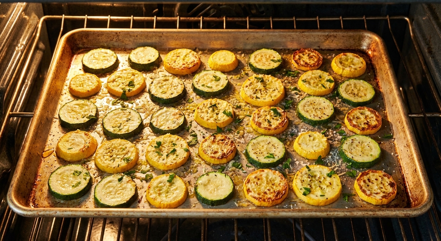A rimmed sheet pan of zucchini rounds roasting in a home oven with browned edges starting to form
