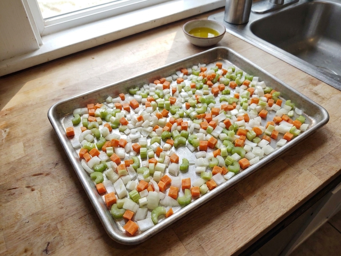 A rimmed sheet pan on a kitchen counter with chopped onion, carrot, and celery spread in an even layer ready to be frozen