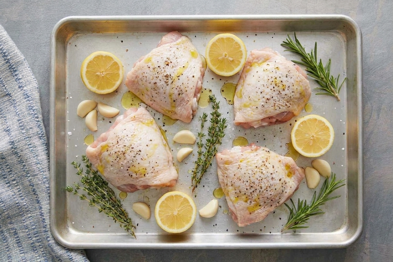 A rimmed sheet pan on a kitchen counter with raw bone-in chicken thighs, halved lemons, garlic cloves, and herbs arranged for roasting