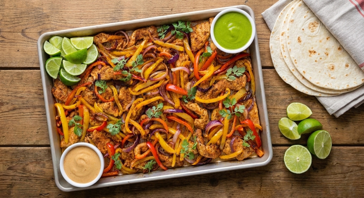 A rimmed sheet pan piled with cooked chicken strips and charred bell peppers and onions, with warm tortillas and lime wedges nearby on a bright kitchen counter