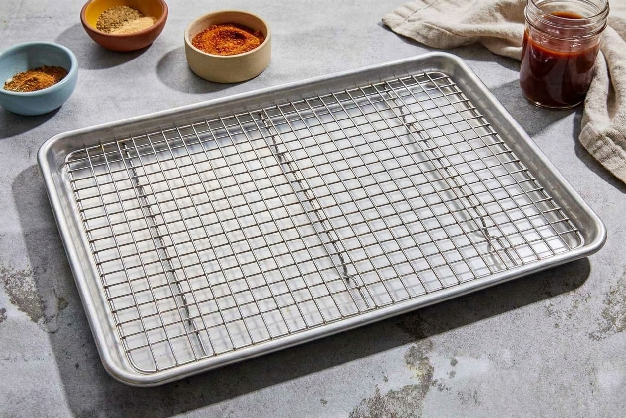 A rimmed sheet pan with a wire rack set on top on a kitchen counter, ready for cooking pork belly cubes