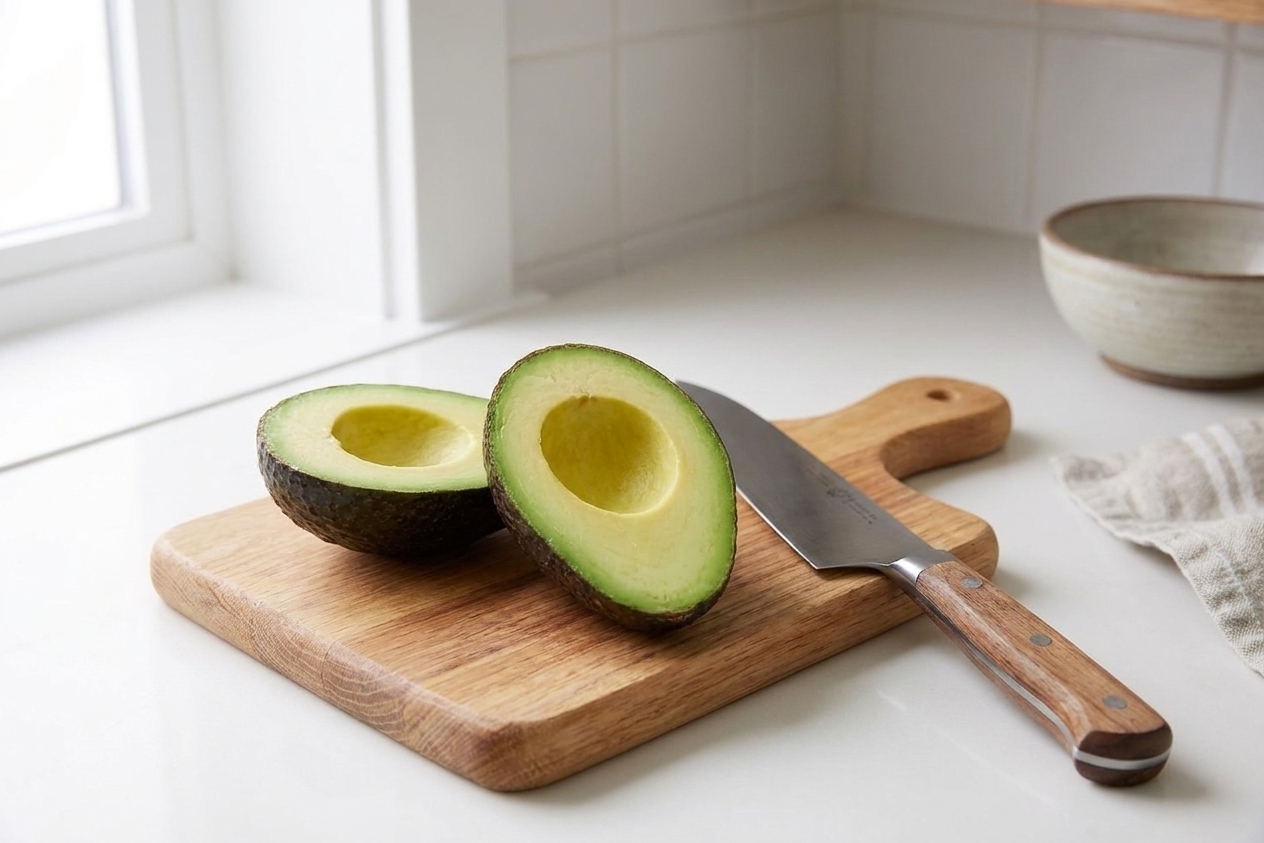 A ripe avocado cut in half with the pit removed on a cutting board next to a chef's knife in a bright home kitchen