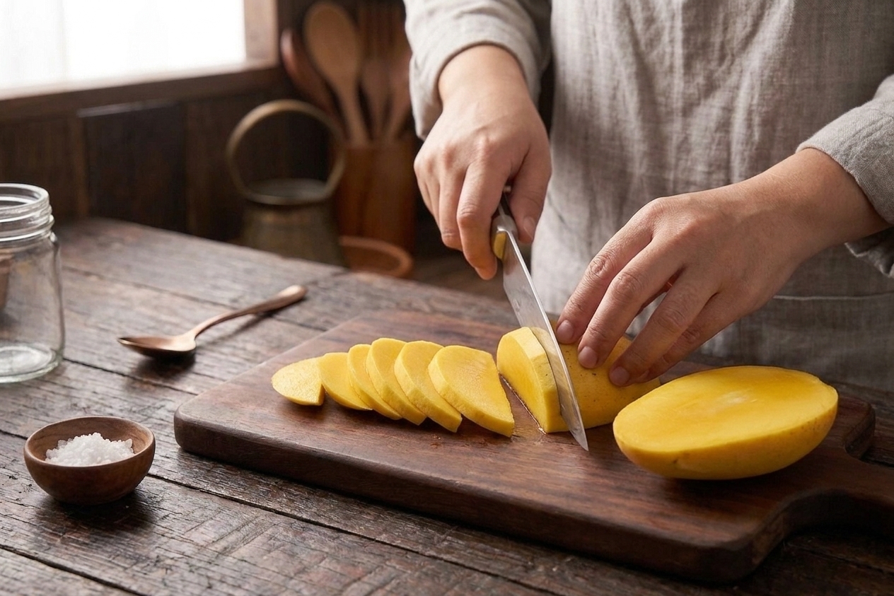 A ripe mango sliced into thin pieces on a wooden cutting board with a chef's knife in a home kitchen