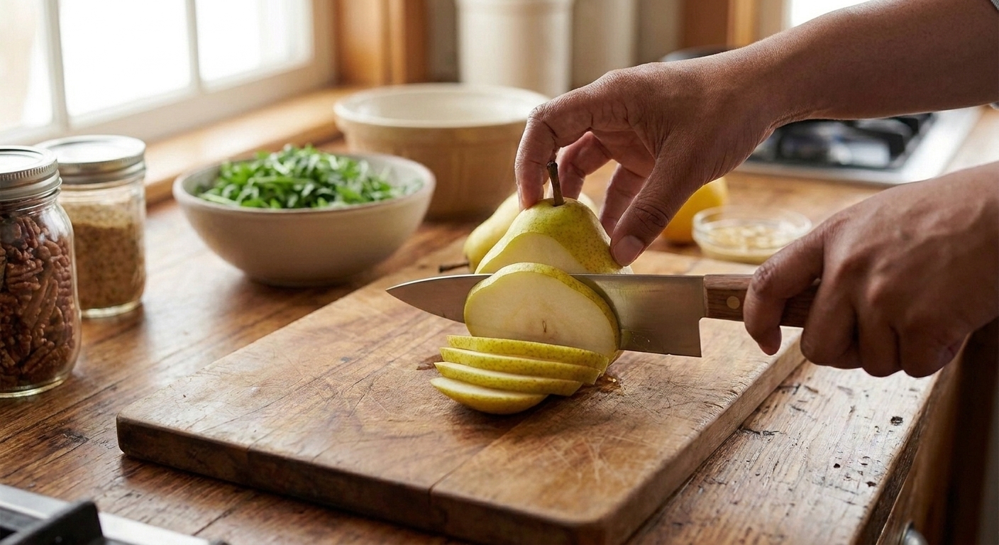 A ripe pear being thinly sliced on a wooden cutting board with a chef’s knife in a bright home kitchen
