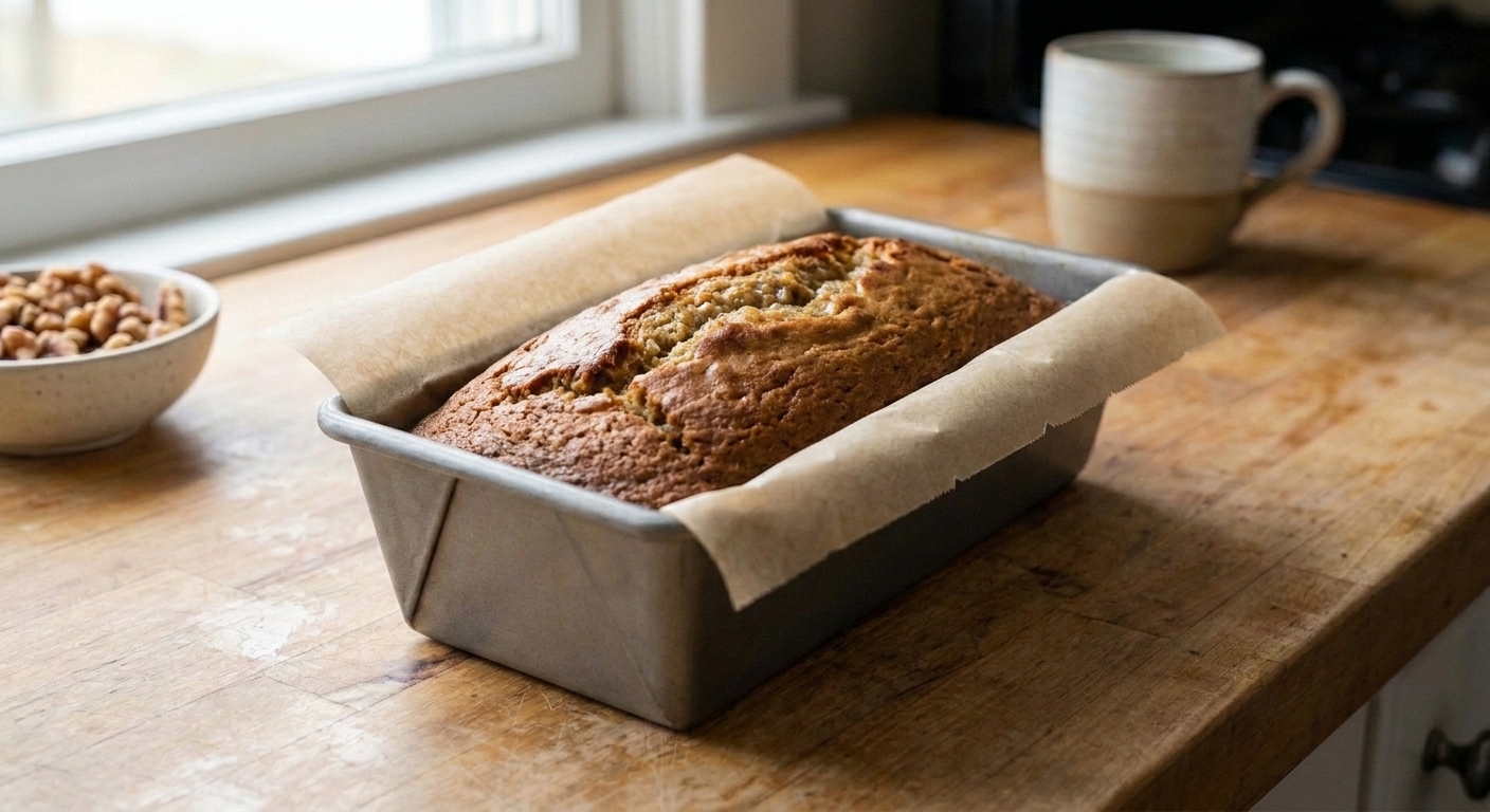 A risen banana loaf in a loaf pan with a golden brown top
