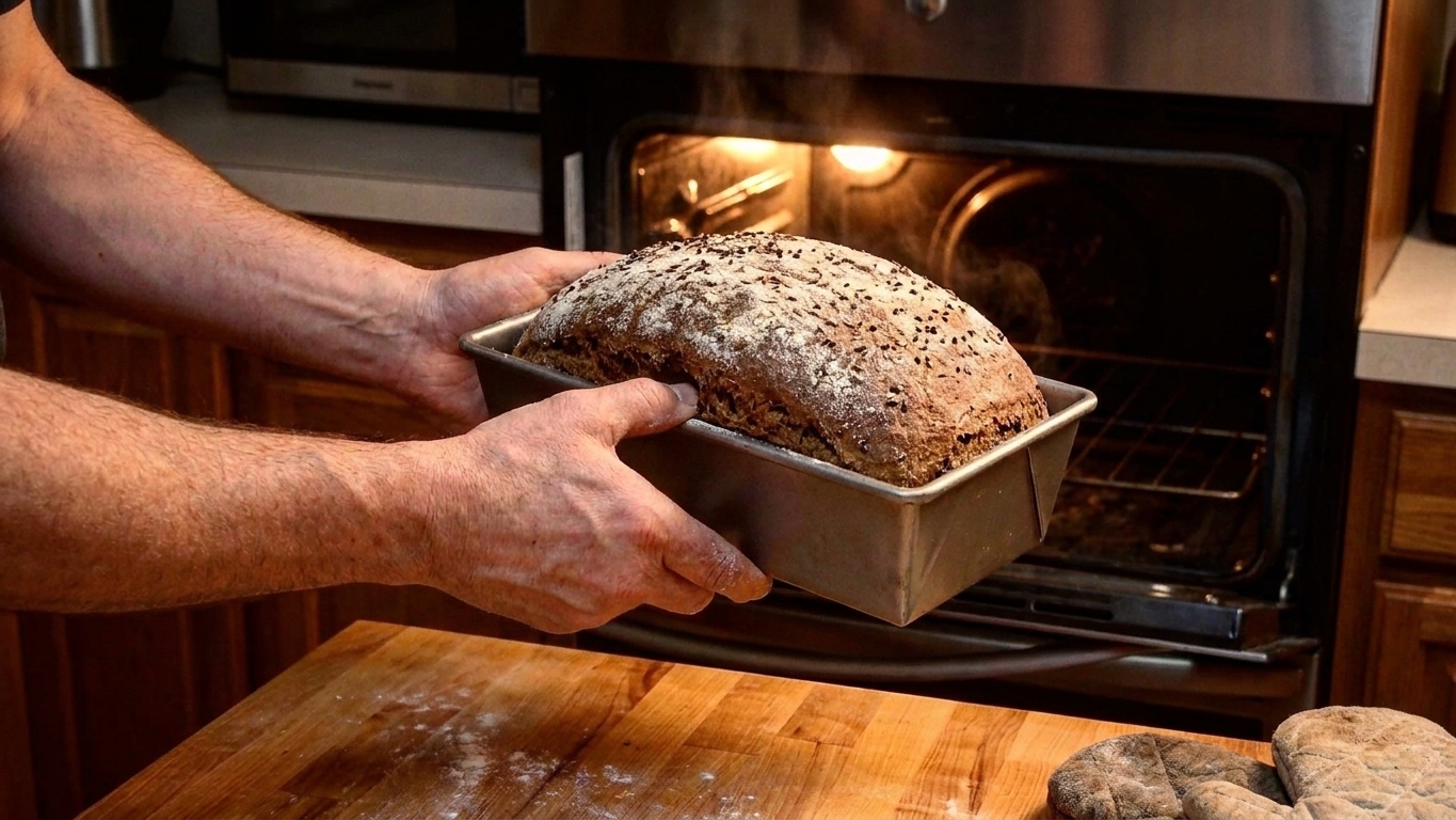 A risen dark rye loaf in a metal loaf pan being placed into a home oven with warm kitchen lighting