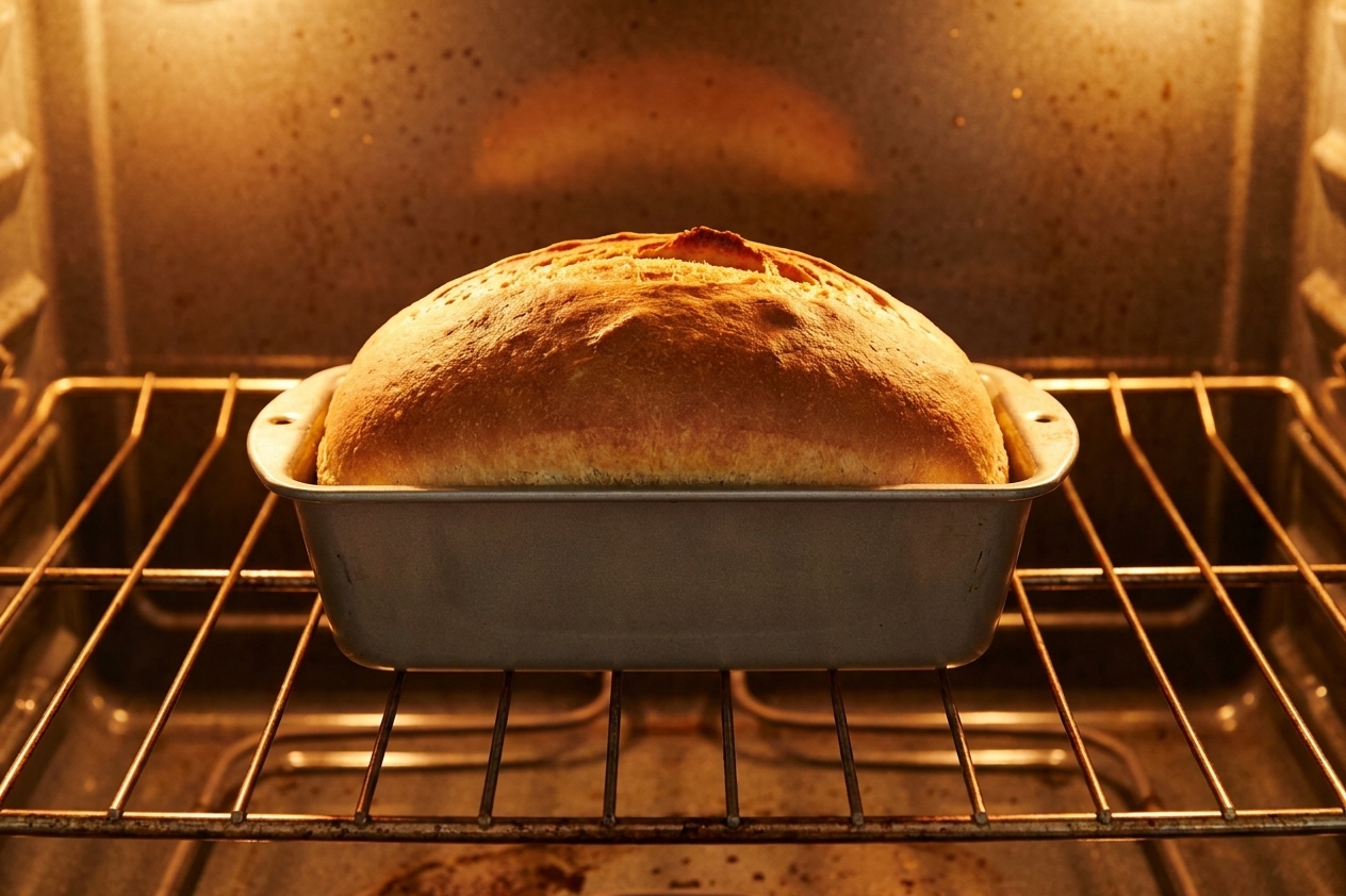 A risen loaf of bread baking in a loaf pan on an oven rack with warm oven light