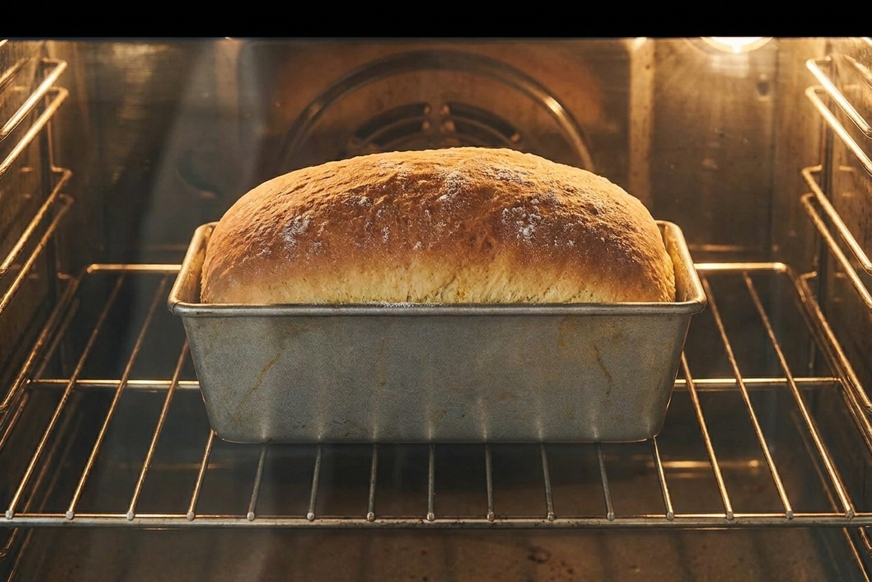 A risen loaf of bread baking on the center rack of a home oven in a metal loaf pan