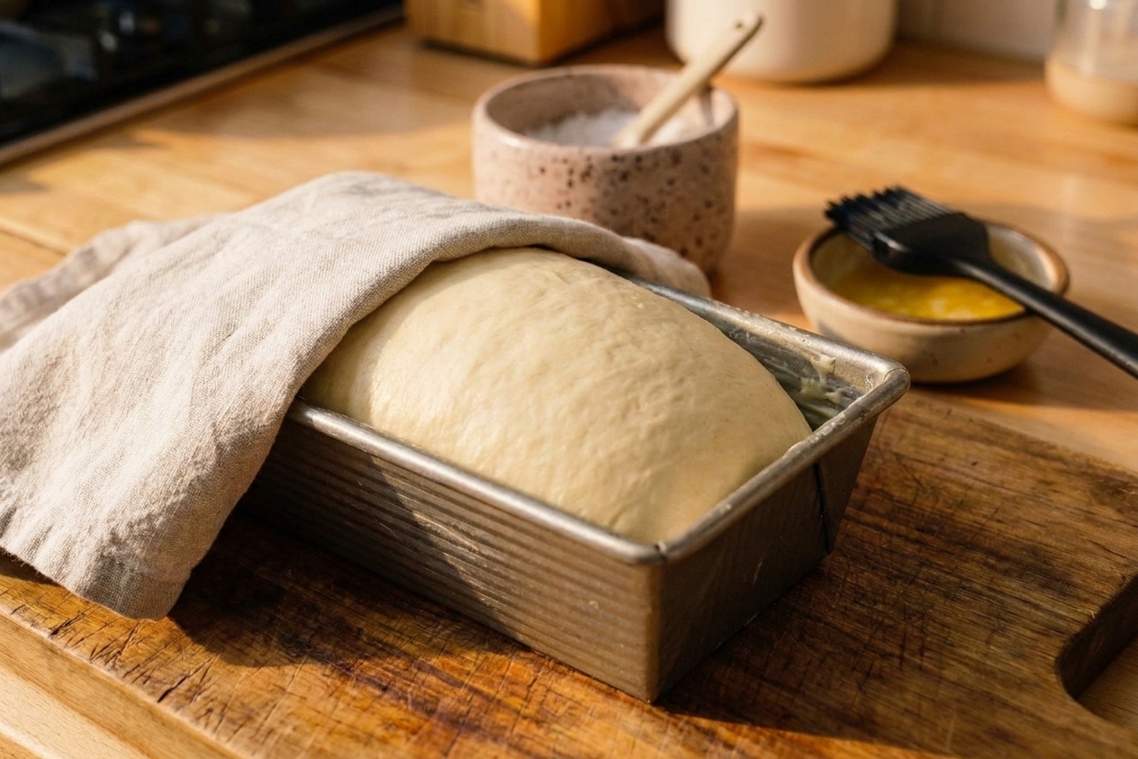 A risen loaf of bread dough domed above the rim of a greased loaf pan on a kitchen counter, covered with a towel