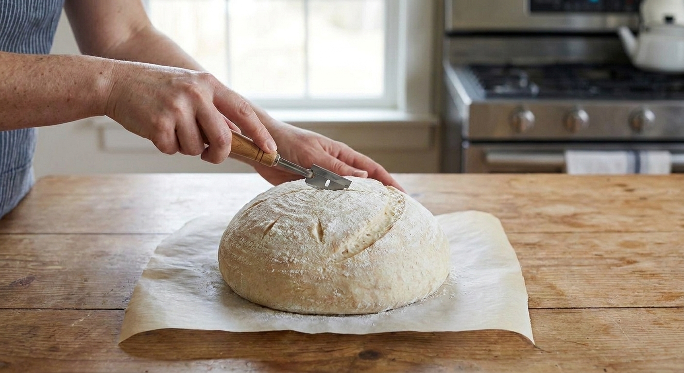 A risen sourdough boule on parchment paper being scored with a bread lame on a kitchen counter