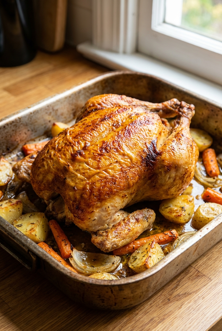 A roast chicken with crispy skin in a roasting pan