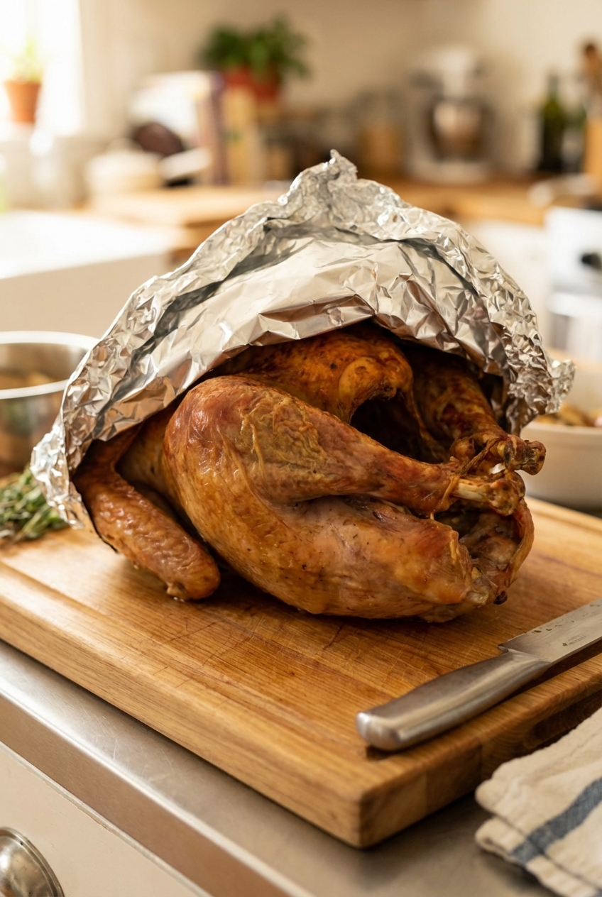 A roast turkey resting on a cutting board tented loosely with foil