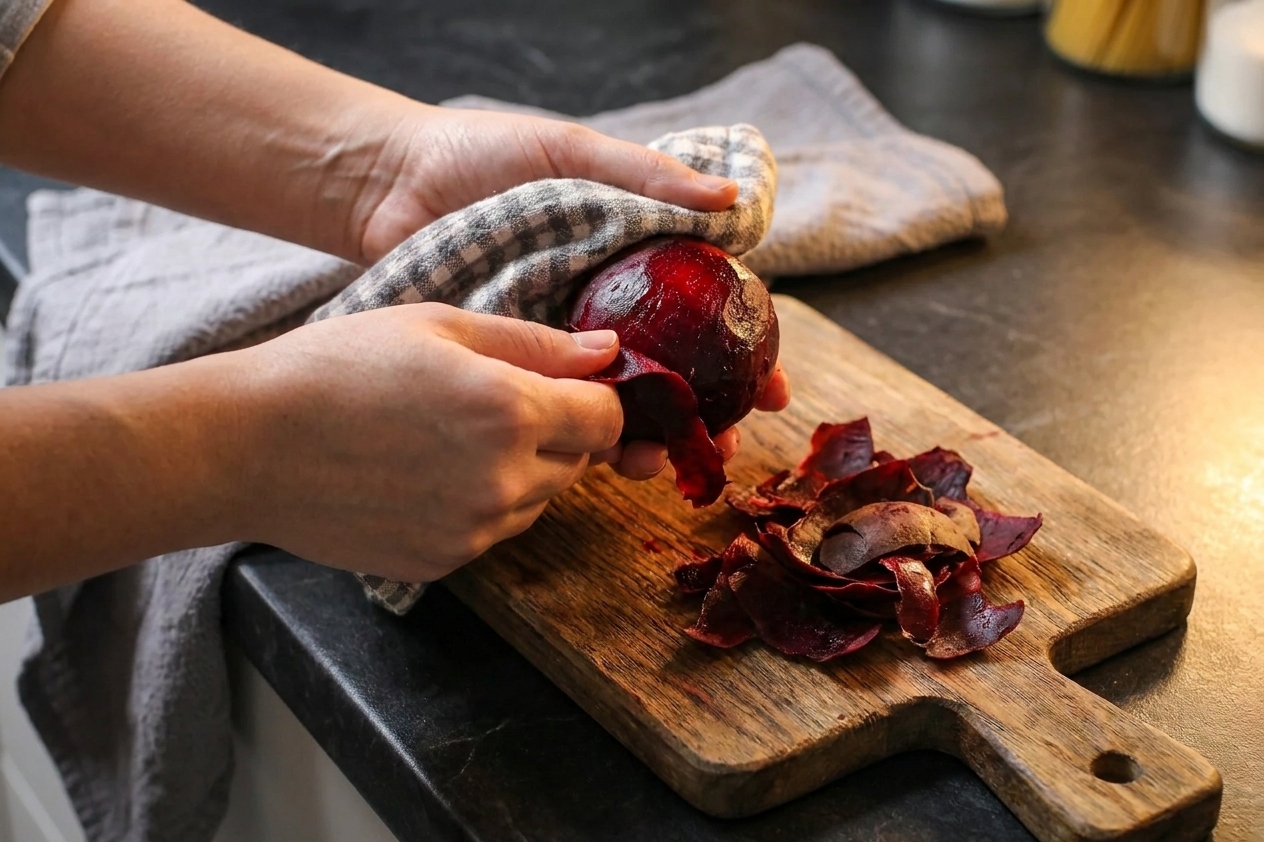 A roasted beet being peeled over a cutting board with the loosened skin nearby