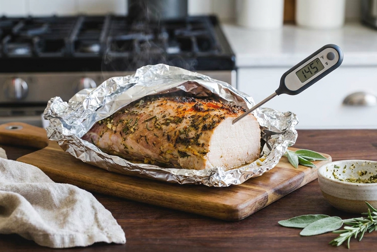 A roasted boneless pork loin resting on a cutting board under a loose foil tent with a meat thermometer nearby on a kitchen counter