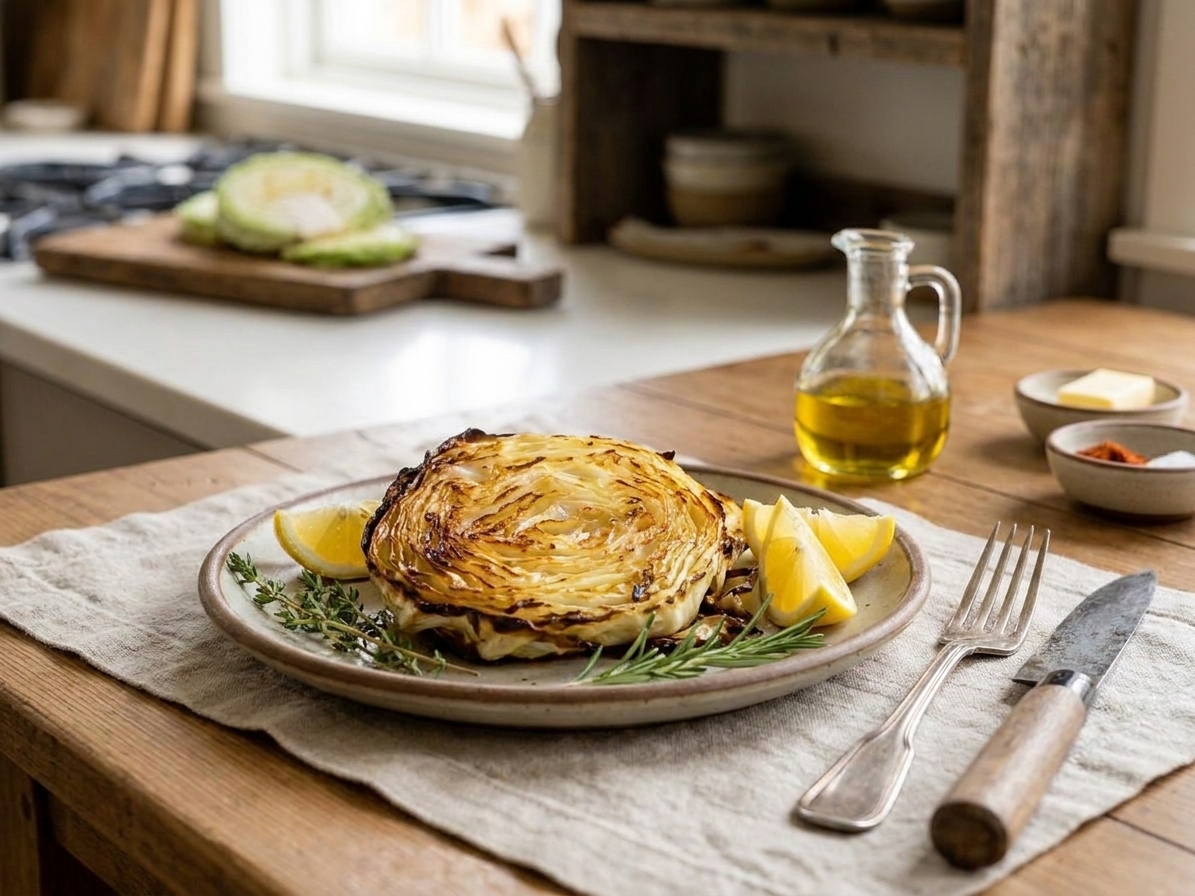 A roasted cabbage steak plated on a ceramic dish with lemon wedges and fresh herbs, set on a simple dinner table with neutral linens