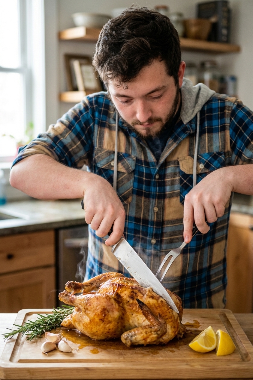 A roasted chicken being carved on a wooden cutting board with crispy browned skin, juices visible, and a knife in action, real food photography