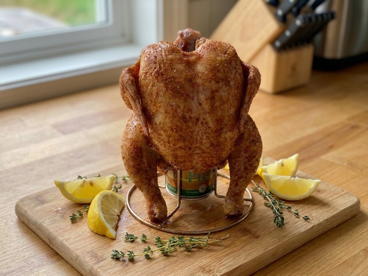 A roasted chicken resting upright on a cutting board with lemon wedges nearby