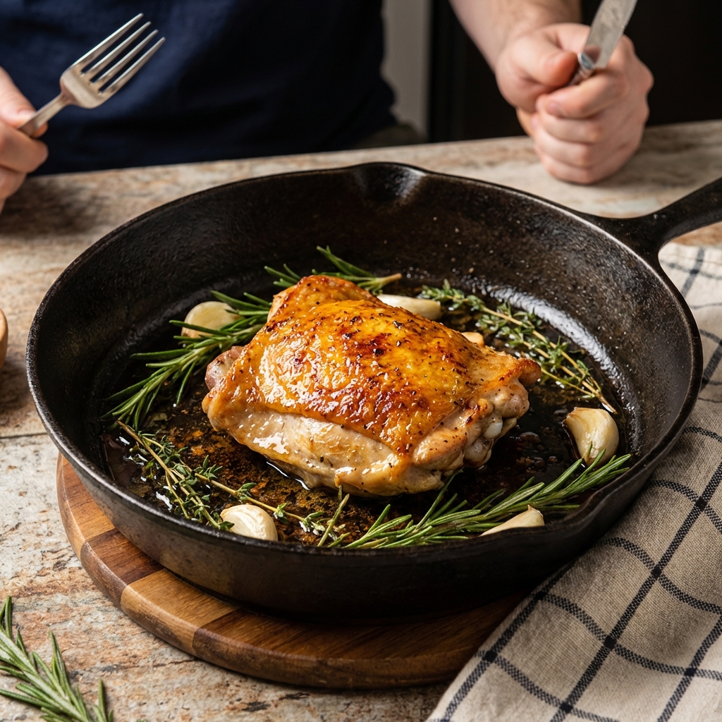A roasted chicken thigh in a skillet with crispy skin and herbs