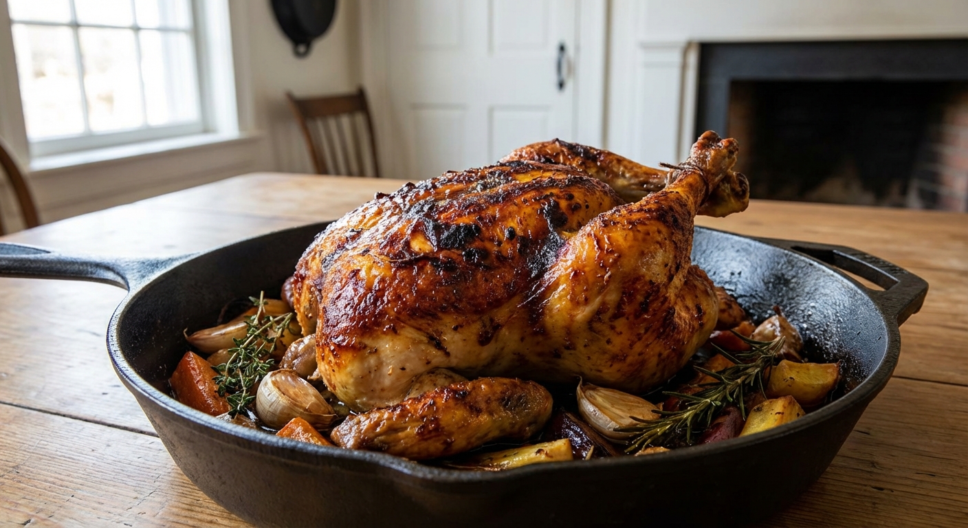 A roasted chicken with crispy skin in a cast iron skillet