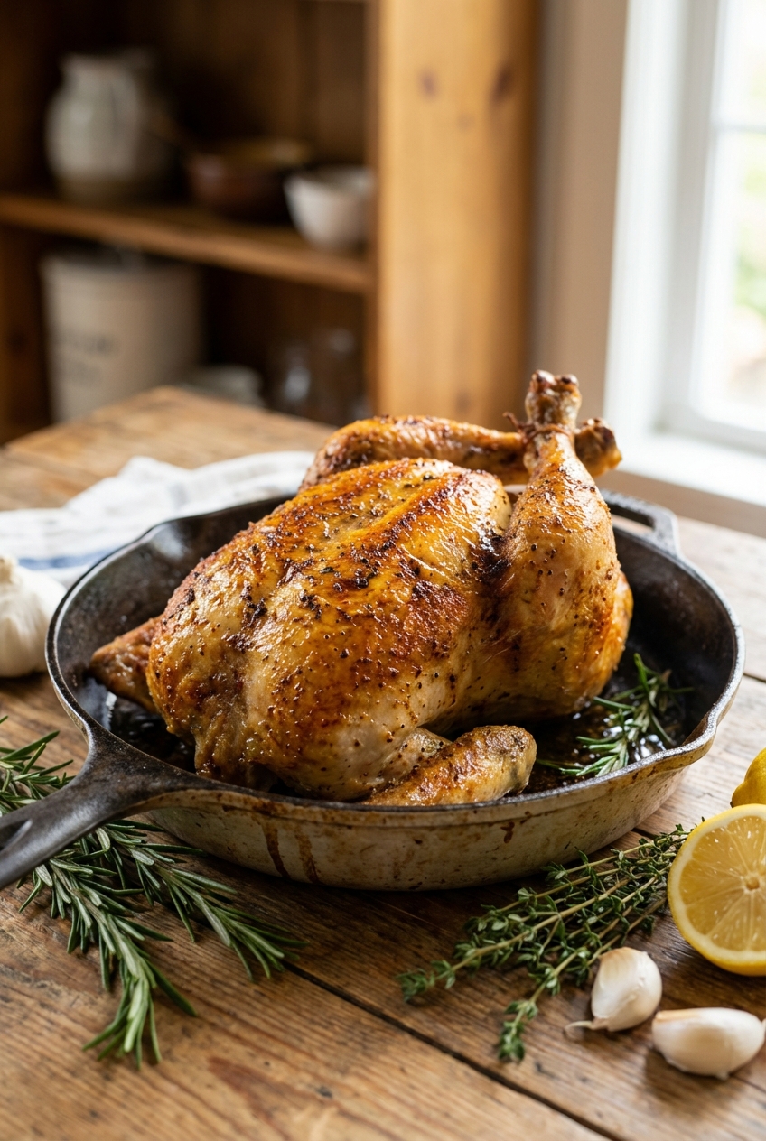 A roasted chicken with crispy skin in a skillet