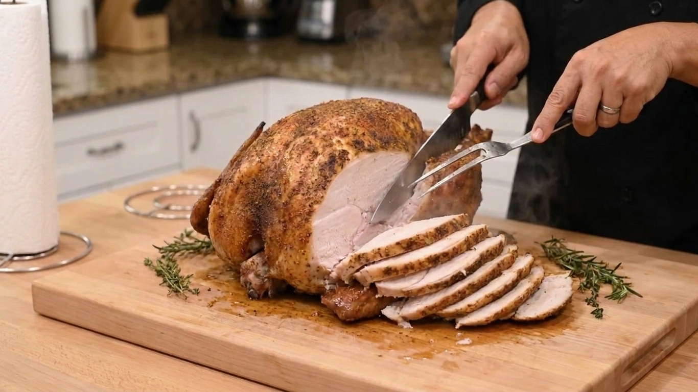 A roasted dry rubbed turkey resting on a wooden cutting board while being carved, with crisp skin and juicy slices visible