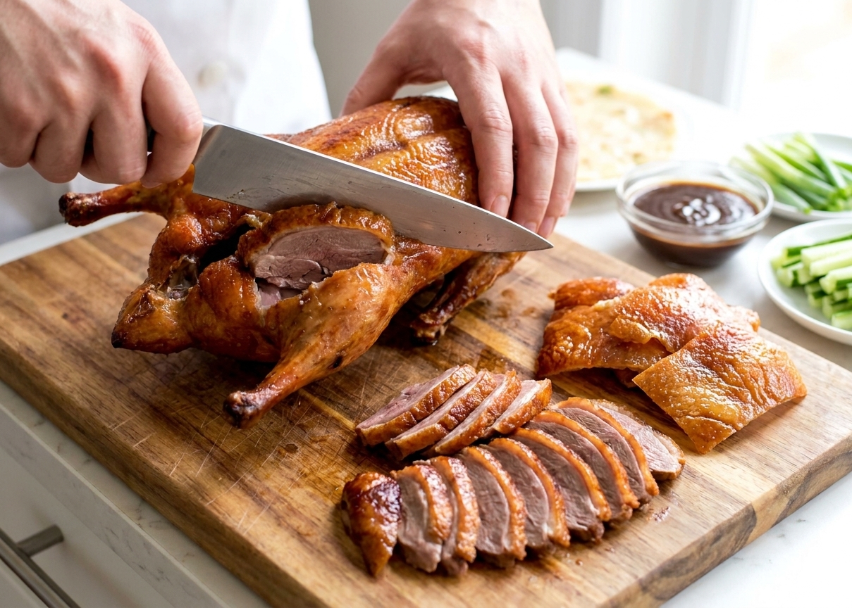 A roasted duck being carved on a wooden cutting board with a sharp knife, with crisp skin pieces and sliced meat arranged neatly beside it