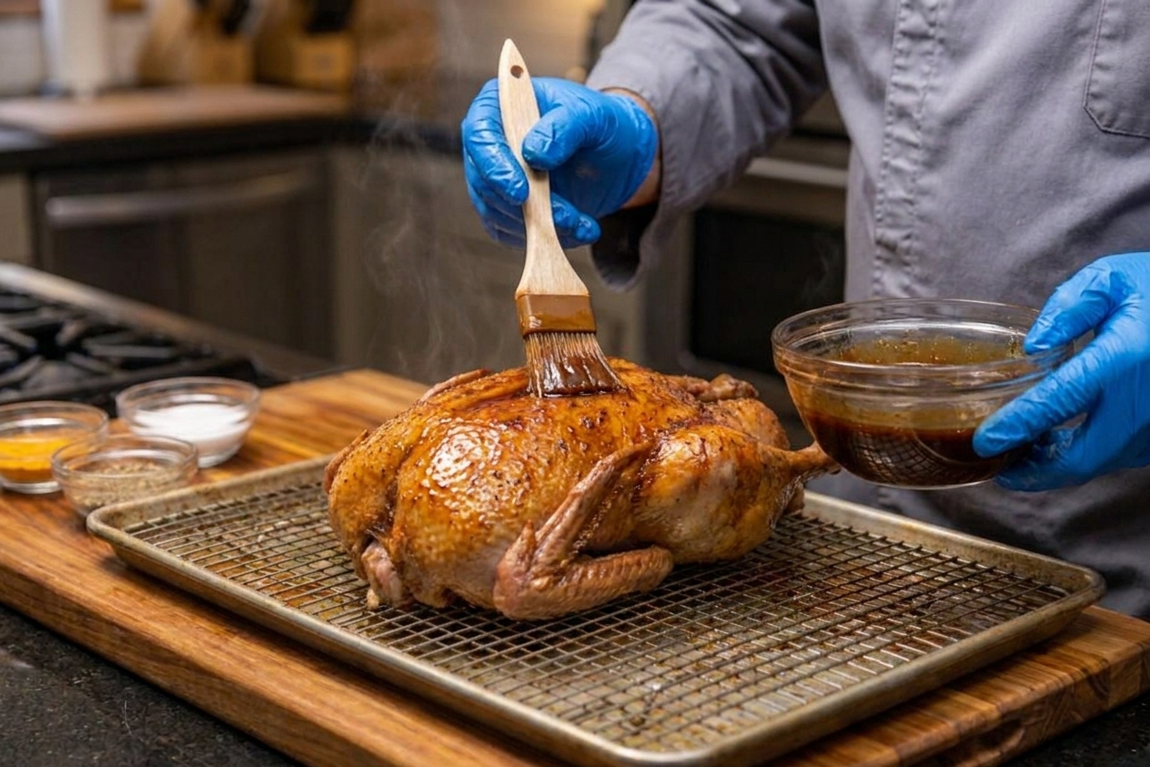 A roasted duck on a rack being brushed with a honey soy glaze just before the final crisping stage