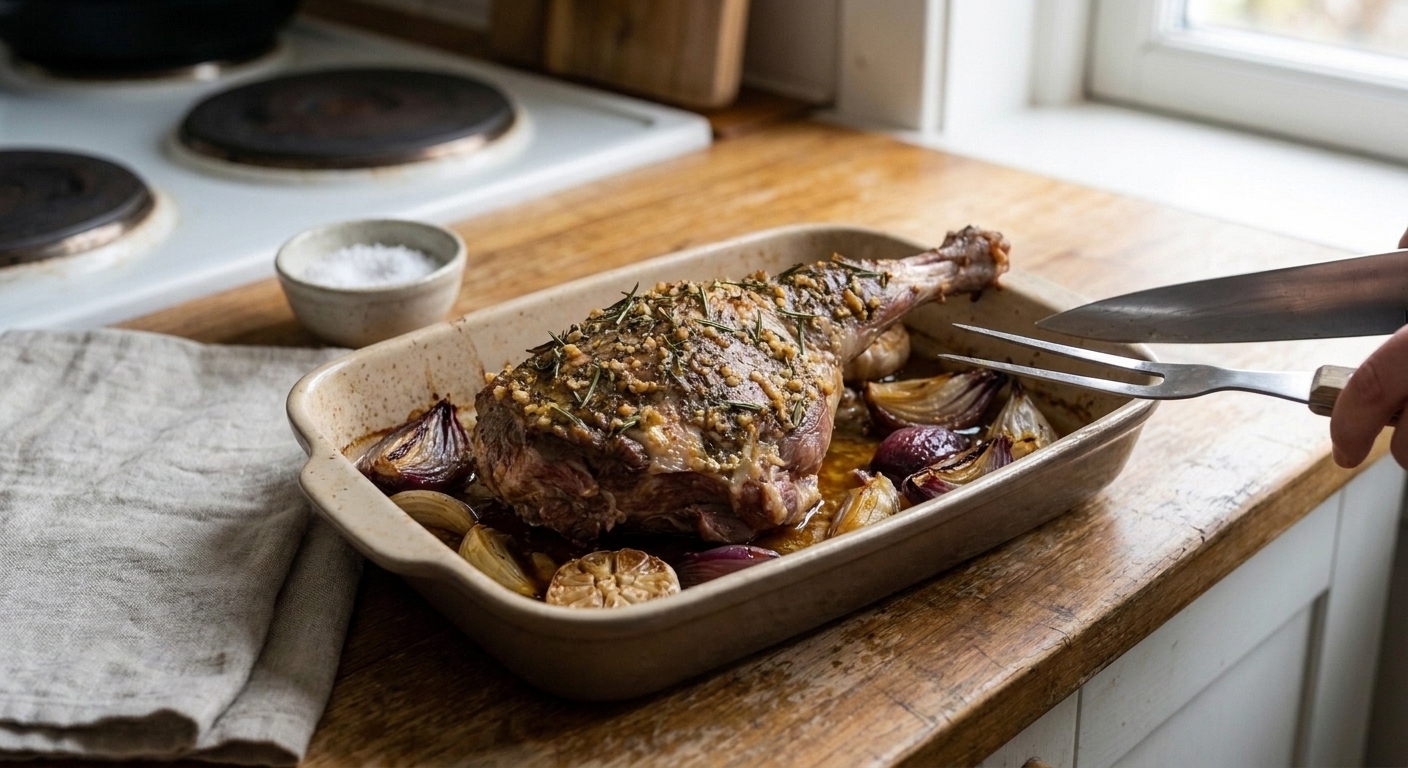 A roasted leg of lamb with garlic and rosemary, resting before slicing with roasted onions in the pan