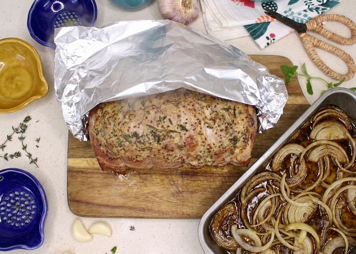 A roasted pork loin resting on a cutting board loosely tented with foil, with a roasting pan of onions and drippings nearby