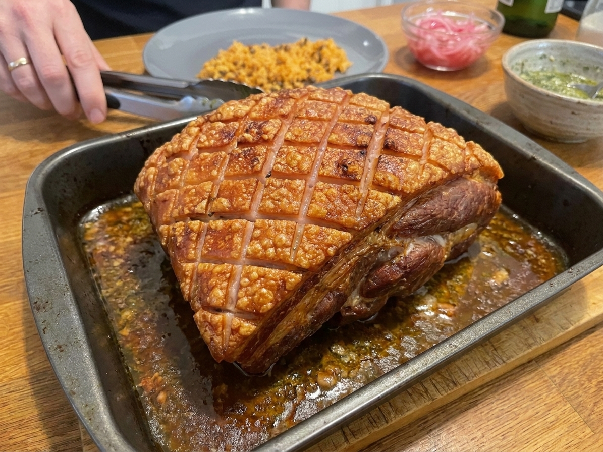 A roasted pork shoulder in a roasting pan with deeply golden blistered crispy skin
