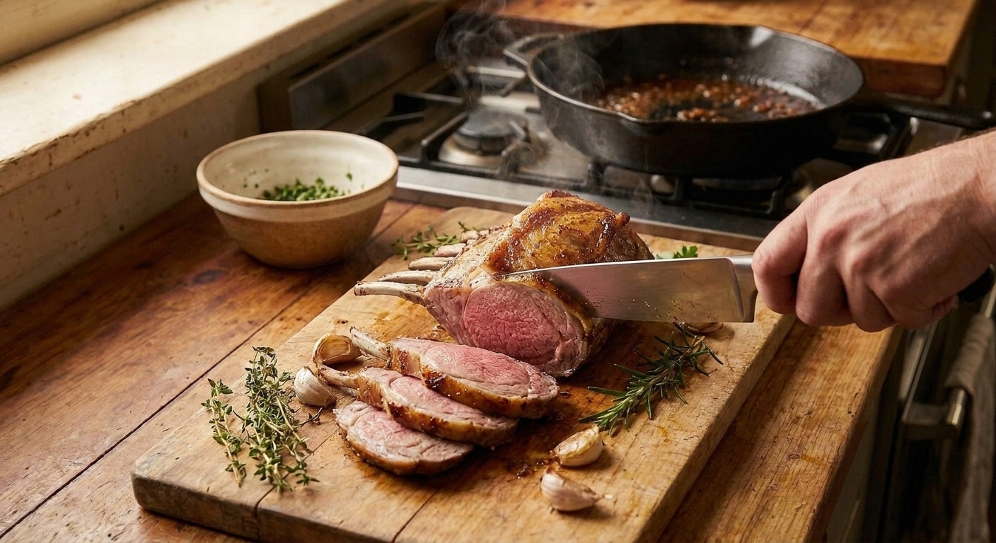 A roasted saddle of lamb being sliced into neat pieces on a wooden cutting board with a chef's knife, showing a rosy center and browned crust