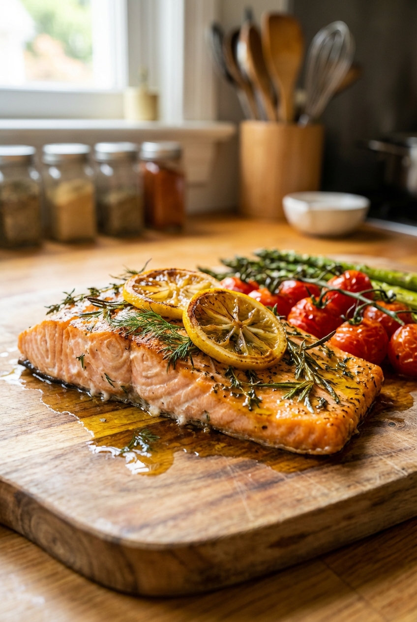 A roasted salmon fillet with herbs and lemon