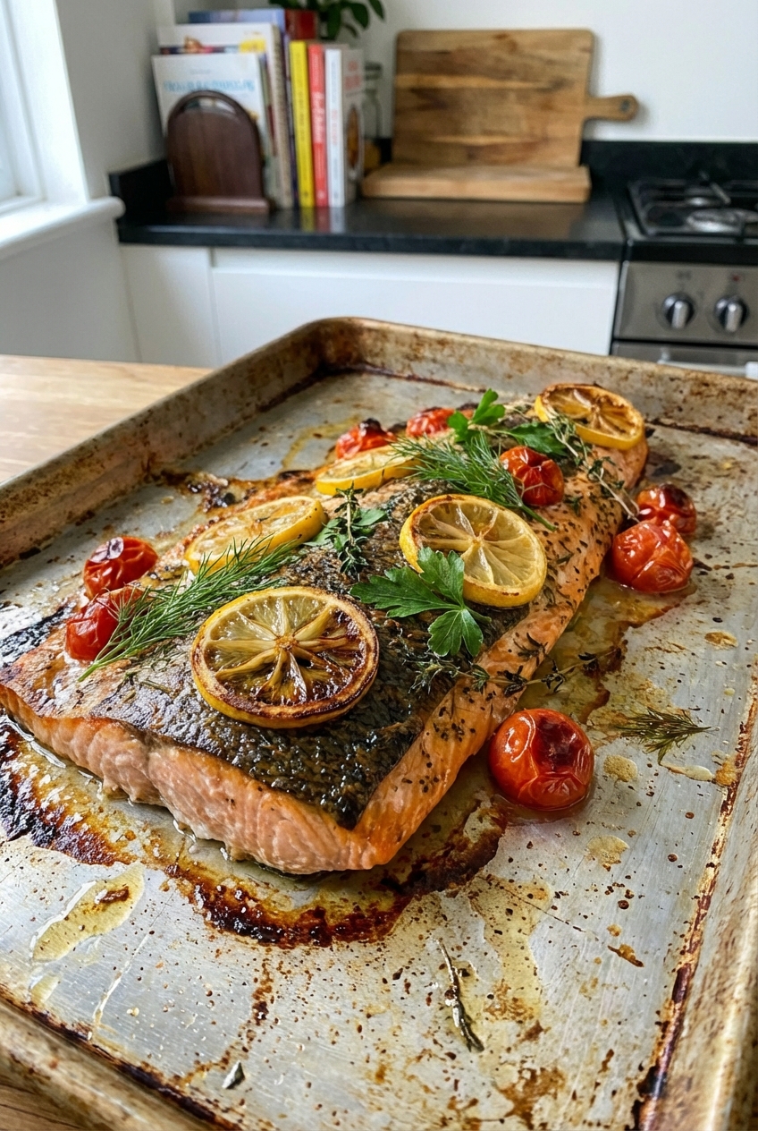 A roasted salmon fillet with lemon slices and herbs on a sheet pan