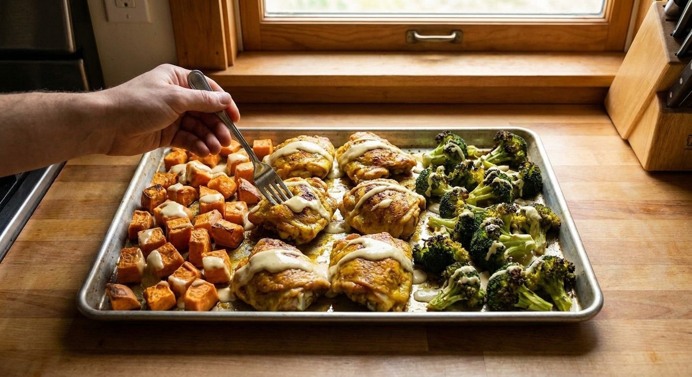 A roasted sheet pan dinner with turmeric-spiced chicken thighs, caramelized sweet potato chunks, and broccoli florets, finished with a lemon-tahini drizzle on a bright kitchen counter