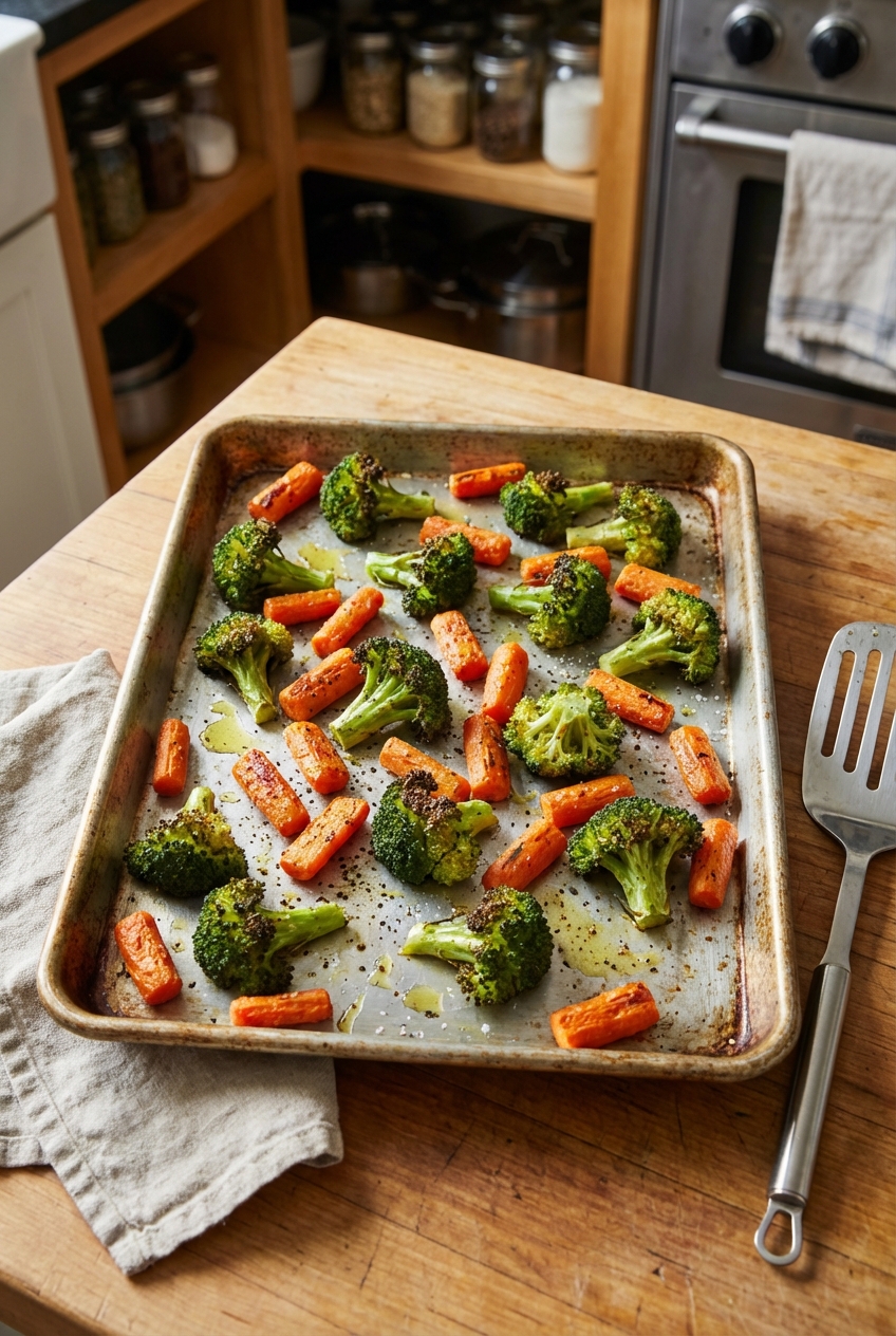 A roasted sheet pan of broccoli and carrots with browned edges