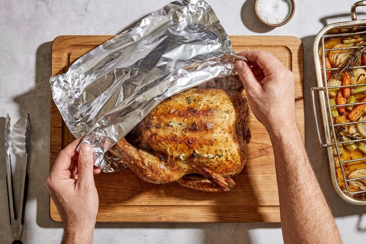 A roasted turkey resting on a cutting board, loosely tented with foil on a kitchen counter