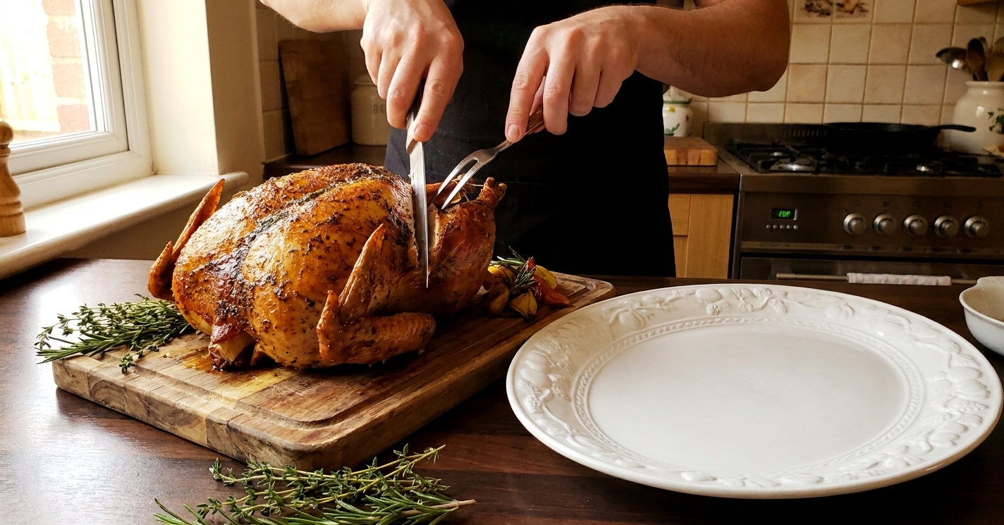 A roasted turkey resting on a wooden cutting board while being carved with a knife, with a serving platter nearby