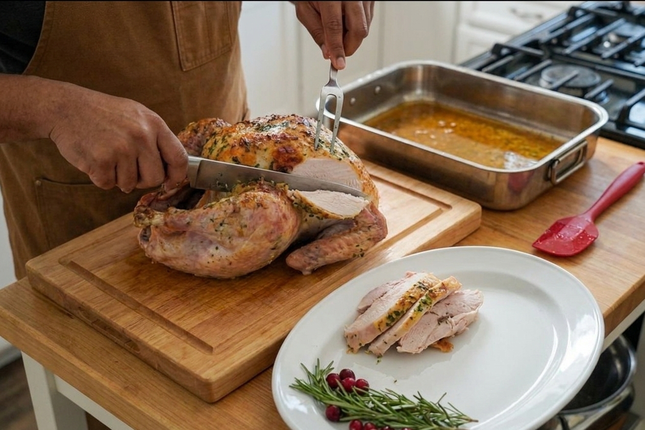 A roasted turkey resting on a wooden cutting board while a cook slices breast meat with a carving knife, serving platter nearby