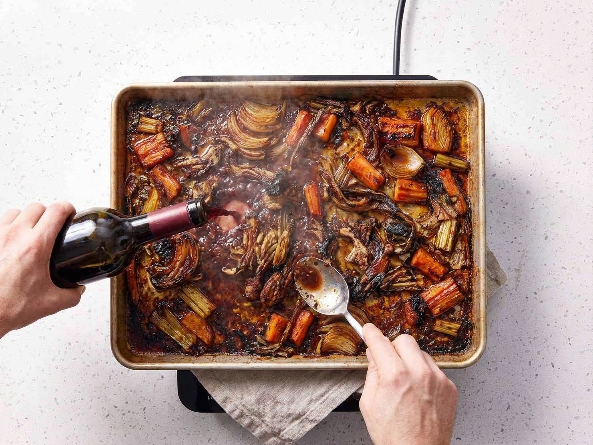 A roasting pan being deglazed with red wine while a spoon scrapes up browned bits to dissolve them