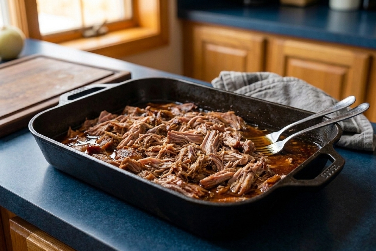 A roasting pan filled with tender shredded pulled pork and cooking juices, with two forks resting on the edge