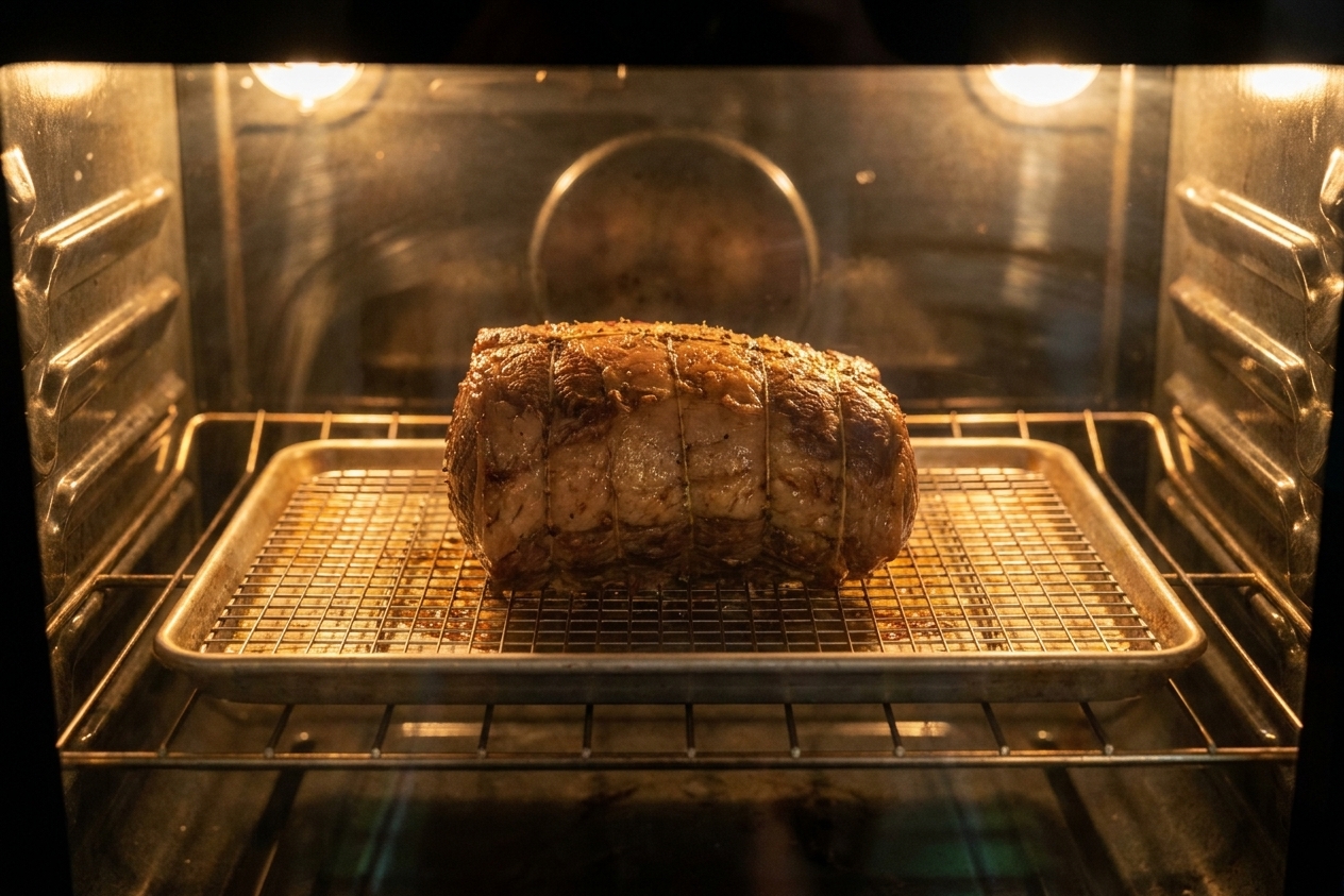 A roasting pan holding a boneless rib roast on a rack inside a home oven with warm light, mid-roast