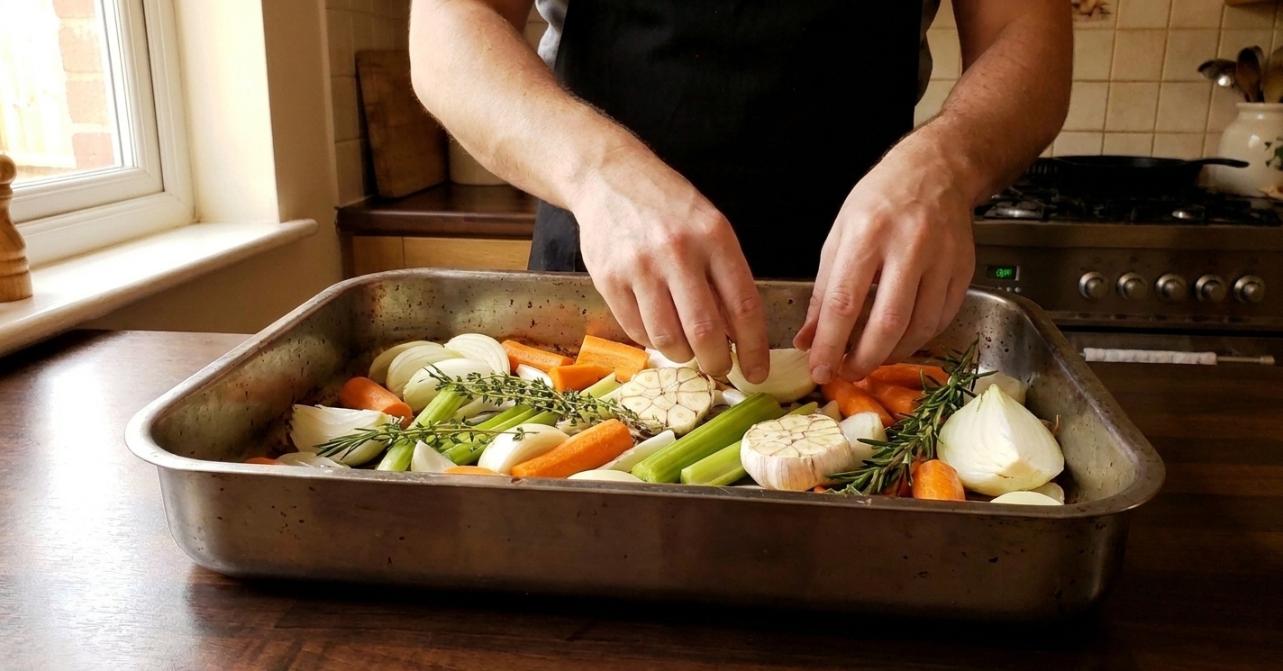 A roasting pan lined with chopped onion, celery, carrots, and halved garlic ready for a turkey