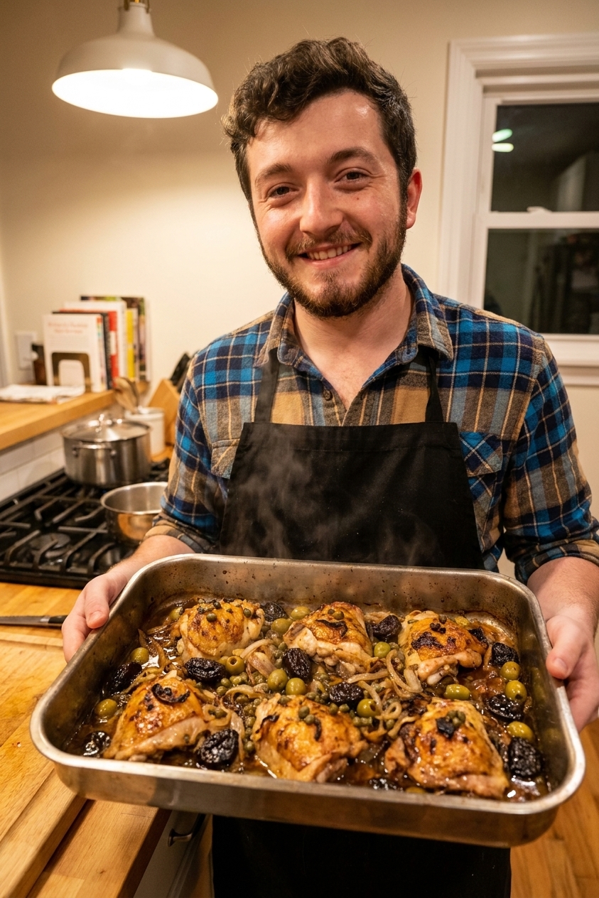 A roasting pan of Chicken Marbella with golden-brown chicken pieces surrounded by glossy prunes, green olives, capers, and caramelized onions in a rich pan sauce, warm kitchen lighting