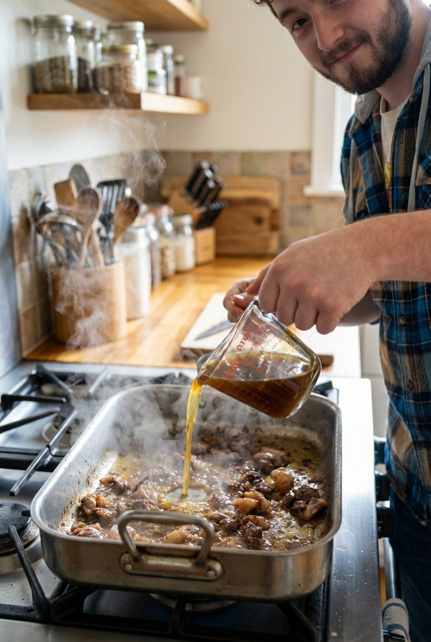 A roasting pan on a stovetop while broth is being poured in to deglaze browned bits after roasting lamb