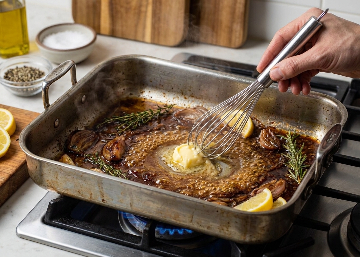 A roasting pan on a stovetop with bubbling drippings being whisked into a glossy lemon pan sauce